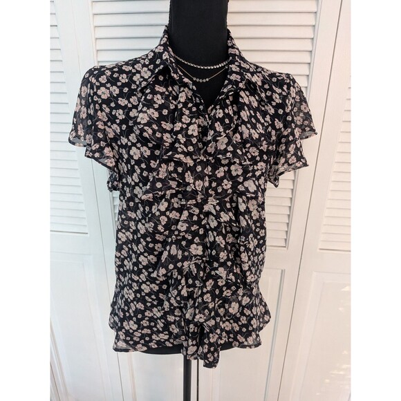 CHAPS 1978 Top Womens L Black Pink Ruffled Floral Flutter Sleeve Chiffon Blouse - Picture 1 of 13